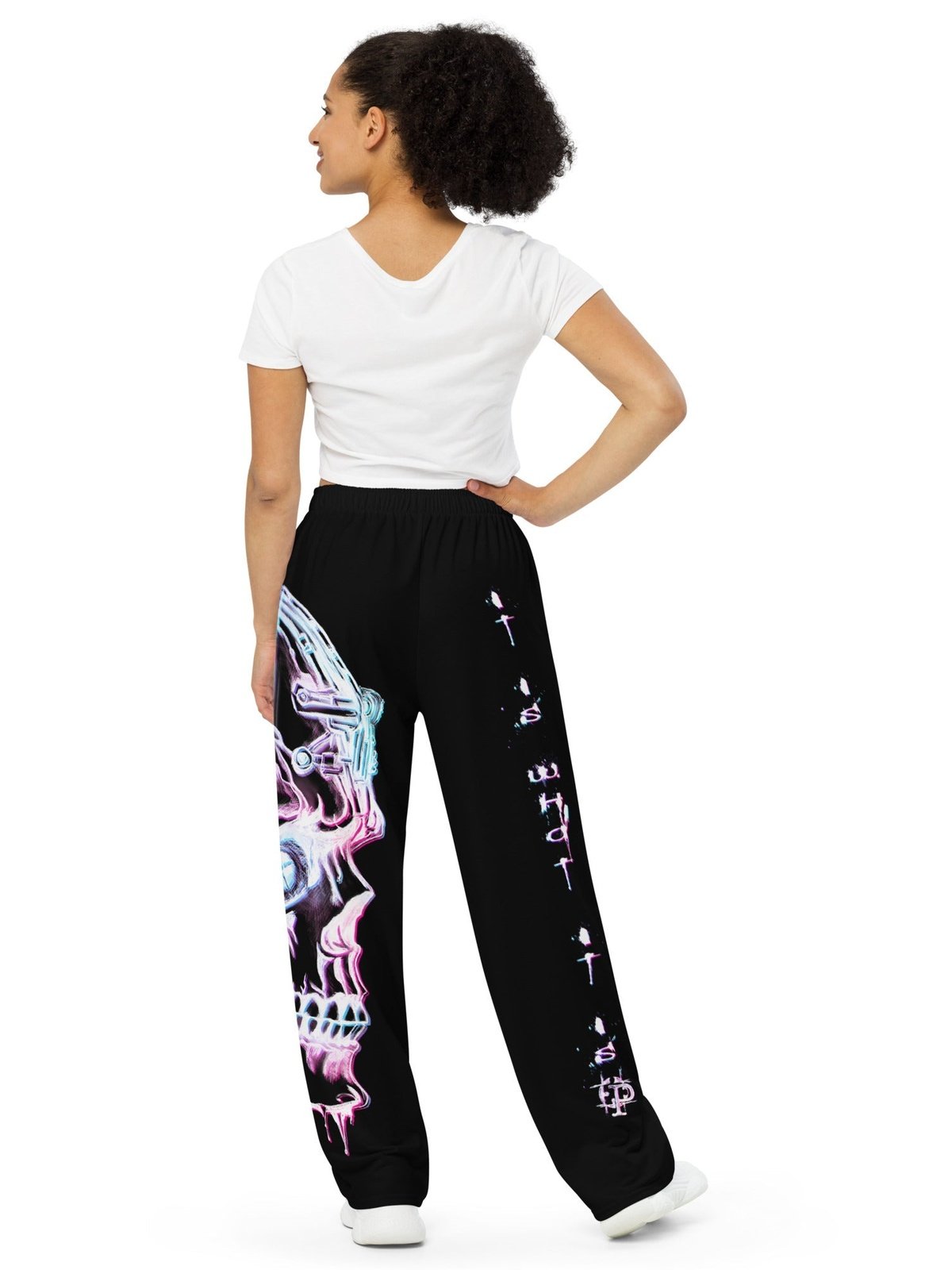 Unisex wide-leg pants - White neon skull - Premium Pants from Paintedd - Just $55! Shop now at Paintedd