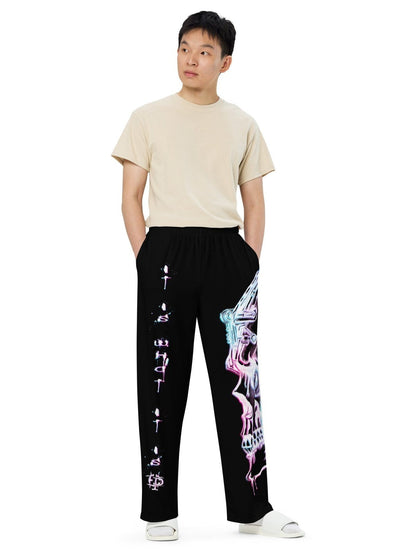 Unisex wide-leg pants - White neon skull - Premium Pants from Paintedd - Just $55! Shop now at Paintedd