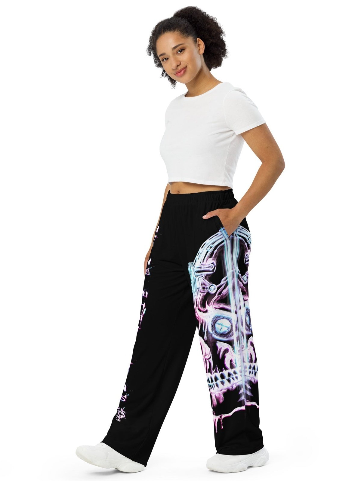 Unisex wide-leg pants - White neon skull - Premium Pants from Paintedd - Just $55! Shop now at Paintedd